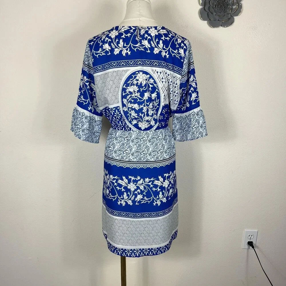 Multiflora Dress Womens XL Blue White Floral Boho Tie Waist Bell Sleeve Ruffle - Picture 2 of 11